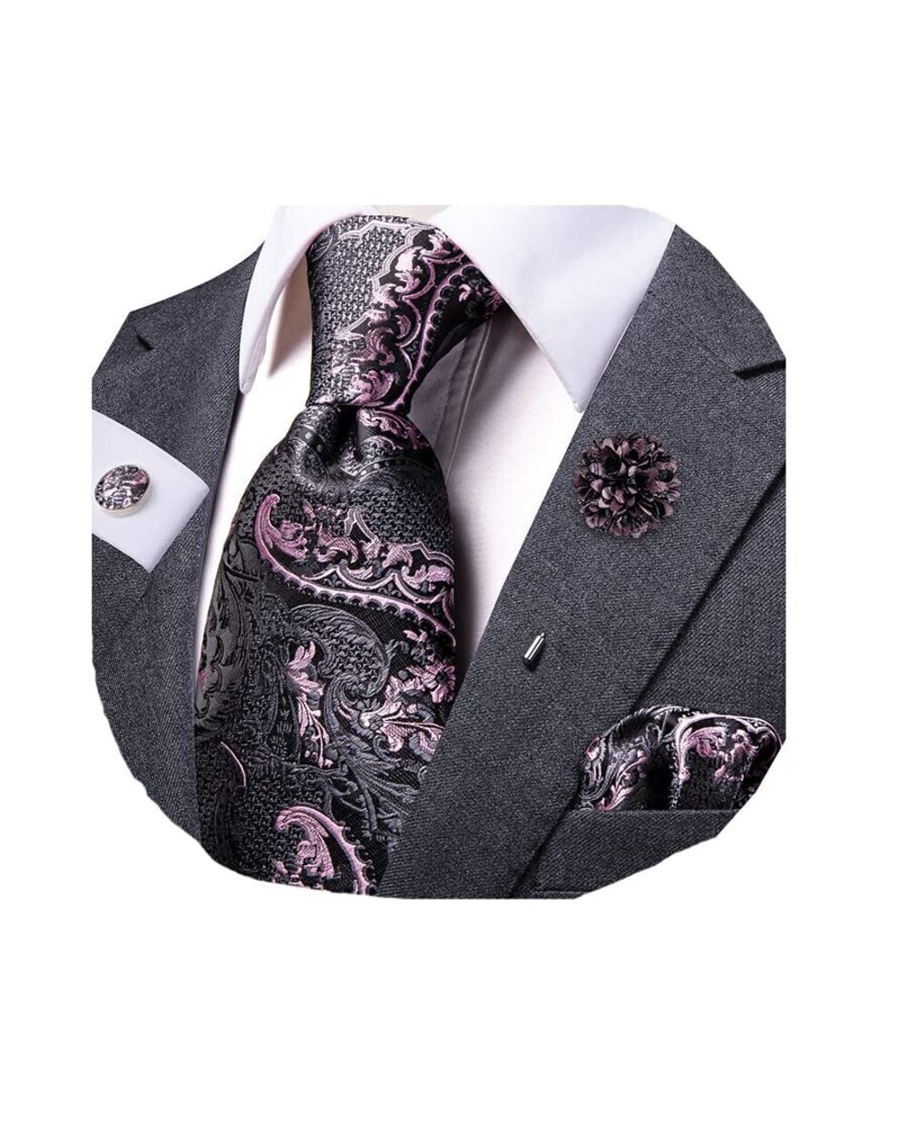 3137 Pink Grey Tie and Lapel Pin Paisley Striped Floral Necktie Pocket